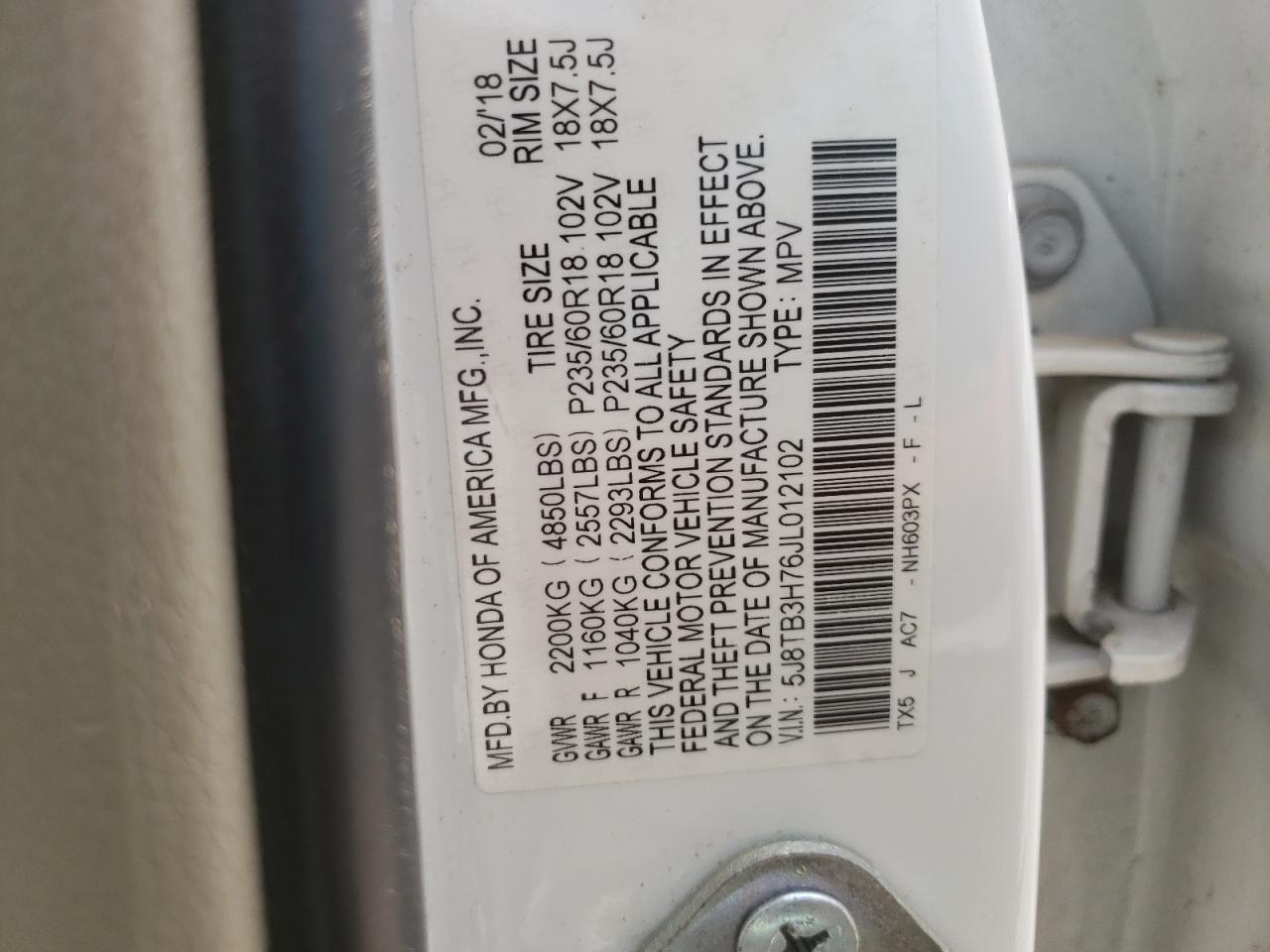 5J8TB3H76JL012102 2018 Acura Rdx Advance