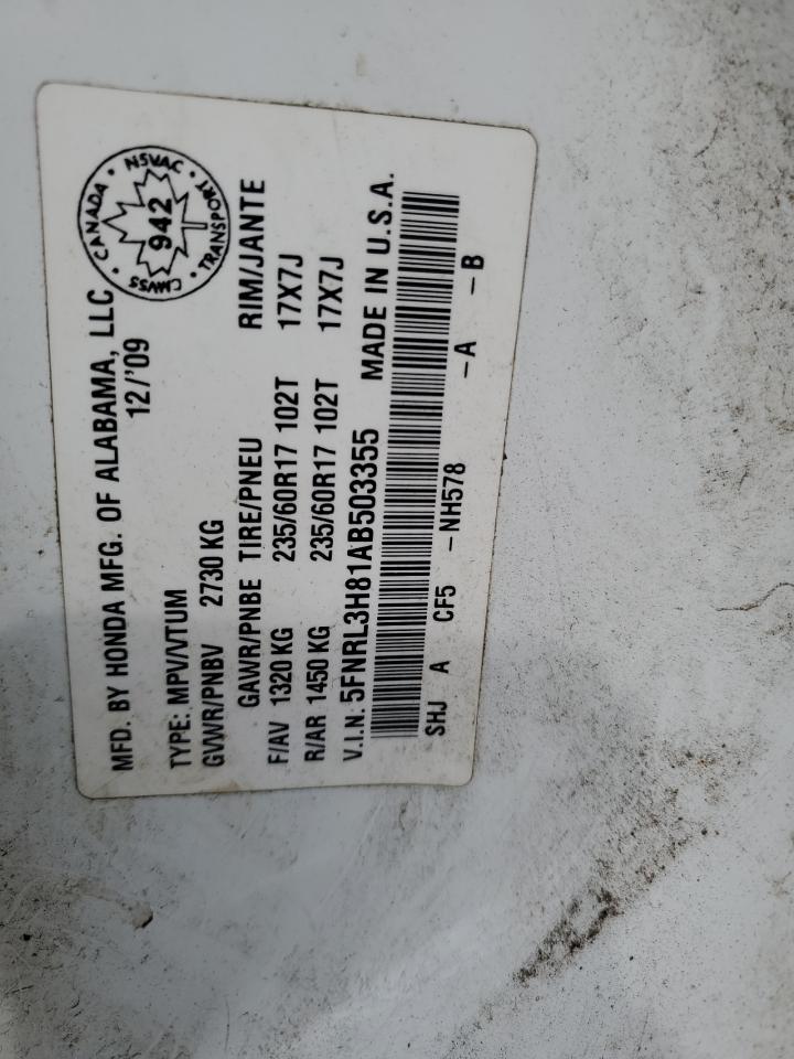 5FNRL3H81AB503355 2010 Honda Odyssey Touring