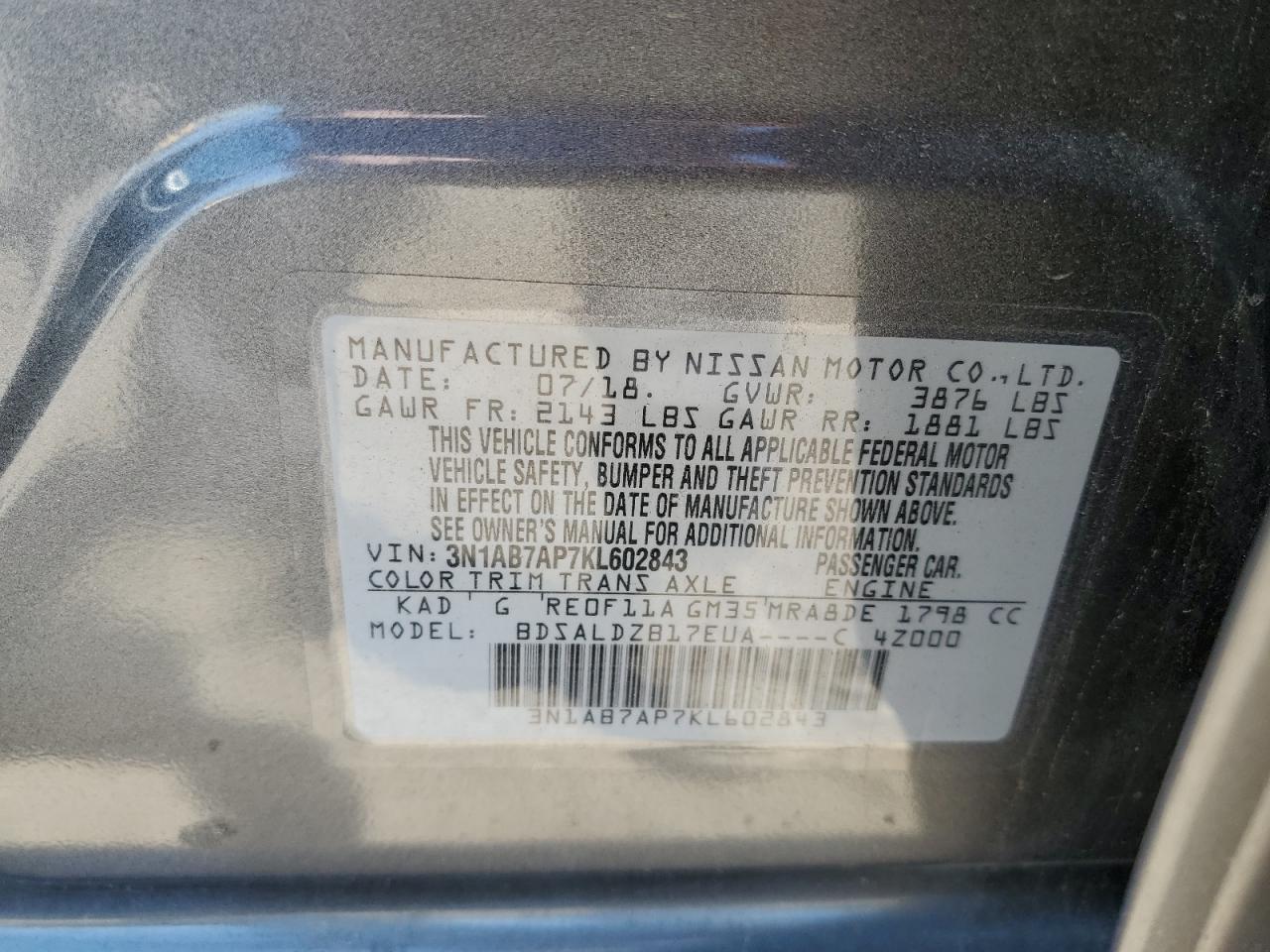 3N1AB7AP7KL602843 2019 Nissan Sentra S