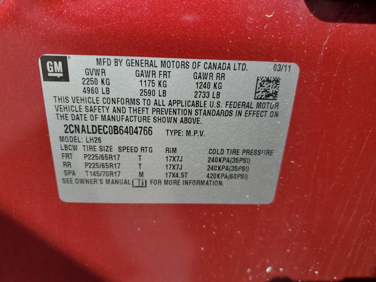 2CNALDEC0B6404766 2011 Chevrolet Equinox Lt