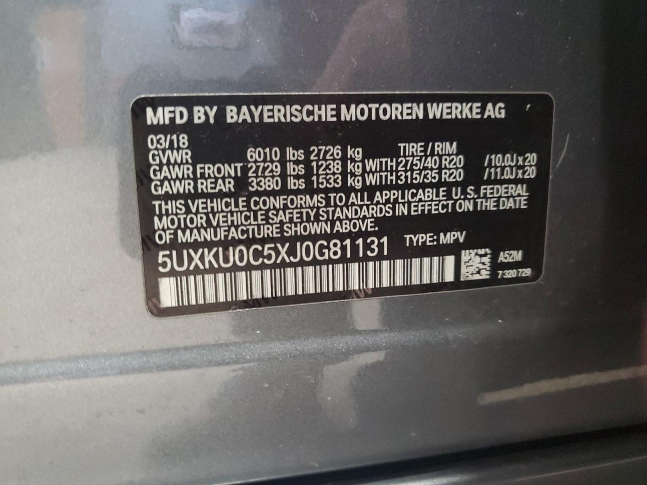 5uxku0c5xj0g81131 5UXKU0C5XJ0G81131 2018 BMW X6 Sdrive35I
