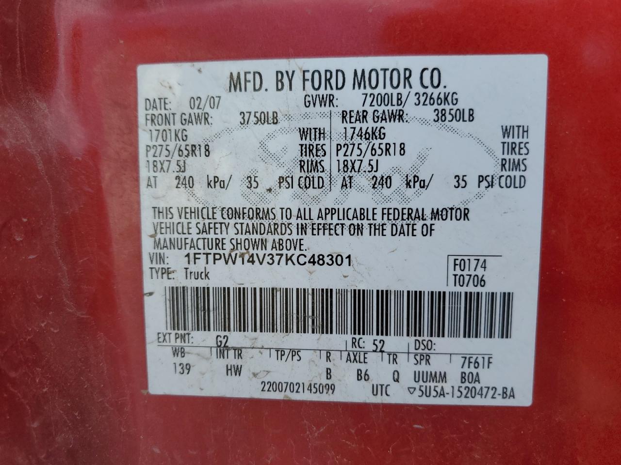 1FTPW14V37KC48301 2007 Ford F150 Supercrew