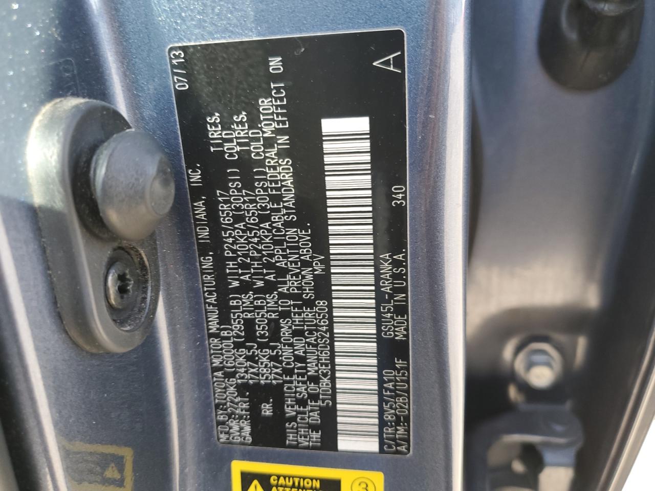 5TDBK3EH6DS246508 2013 Toyota Highlander Base