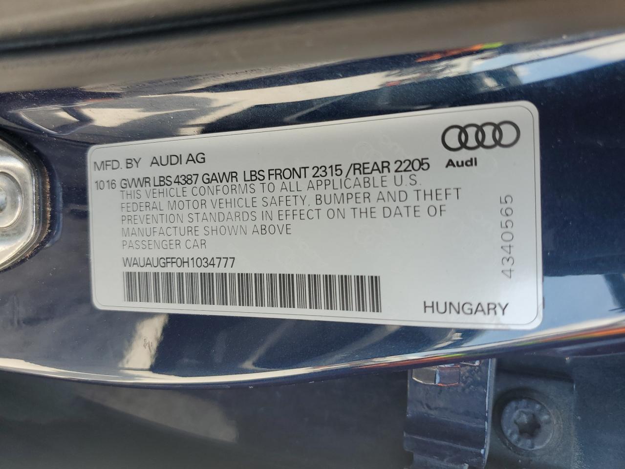 WAUAUGFF0H1034777 2017 Audi A3 Premium