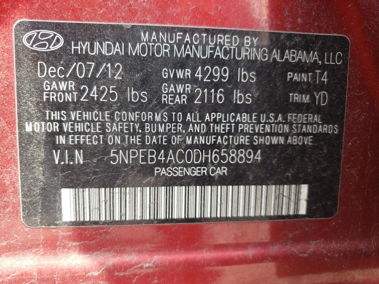 5NPEB4AC0DH658894 2013 Hyundai Sonata Gls
