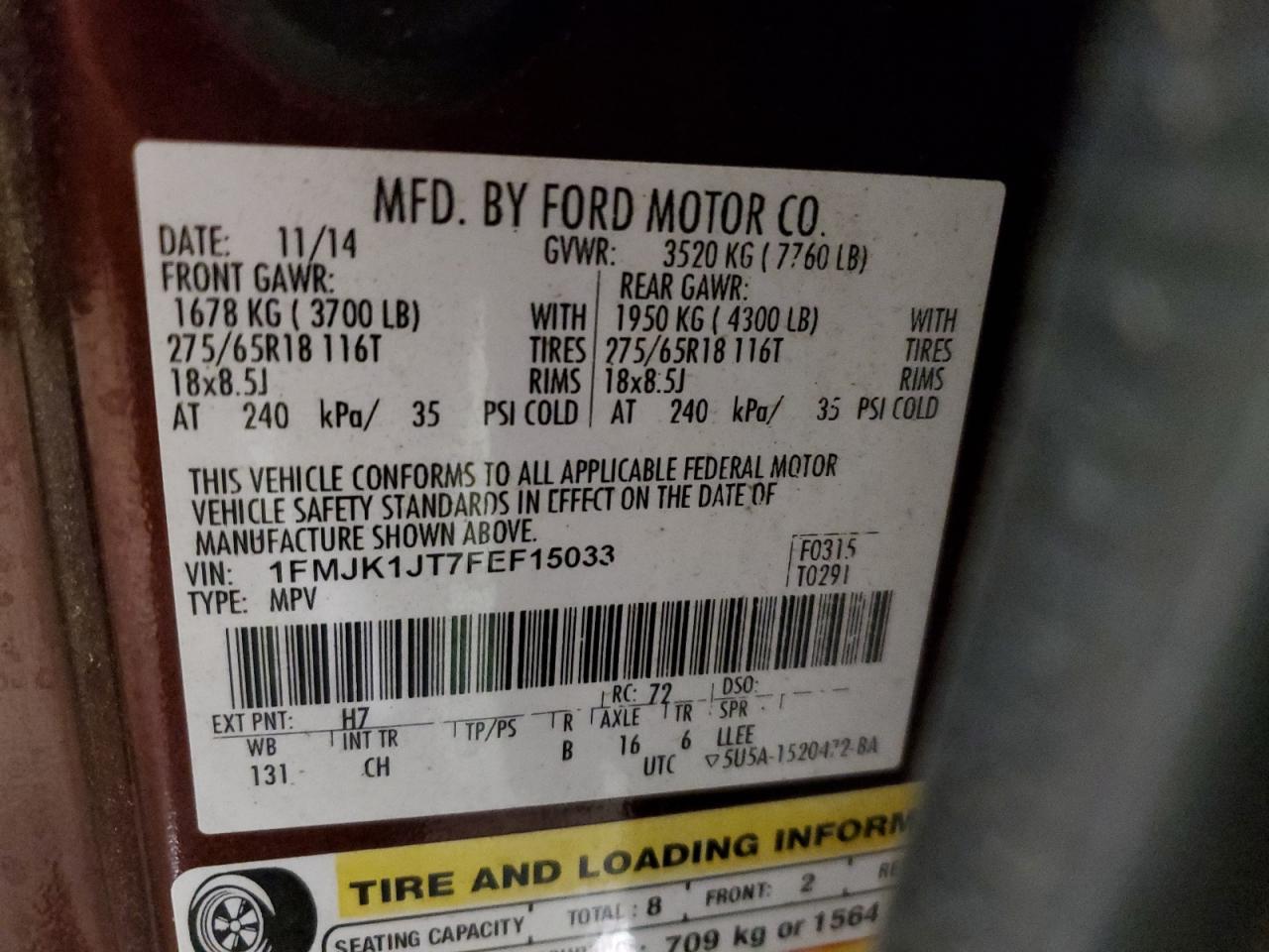 1FMJK1JT7FEF15033 2015 Ford Expedition El Xlt