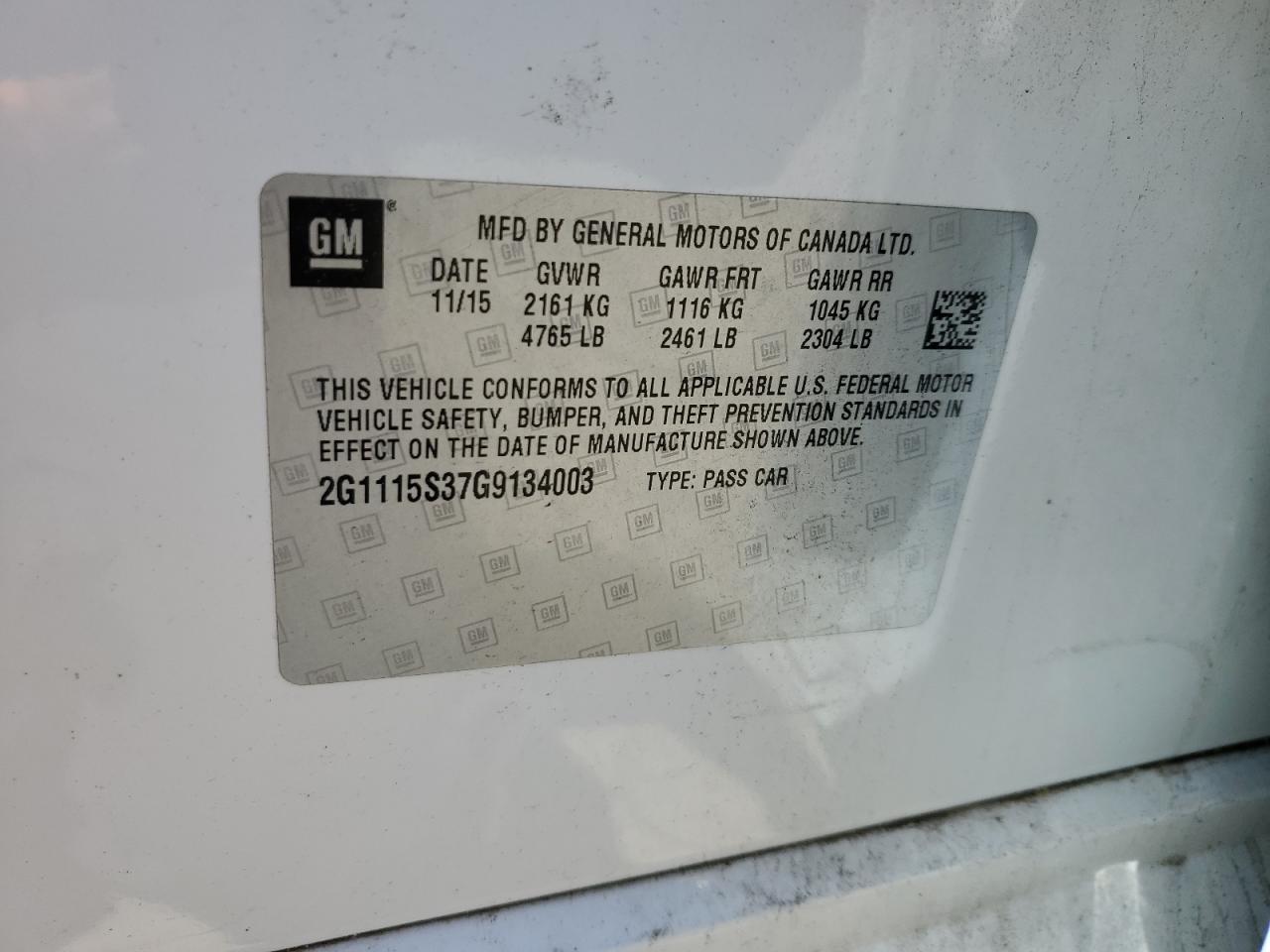 2G1115S37G9134003 2016 Chevrolet Impala Lt