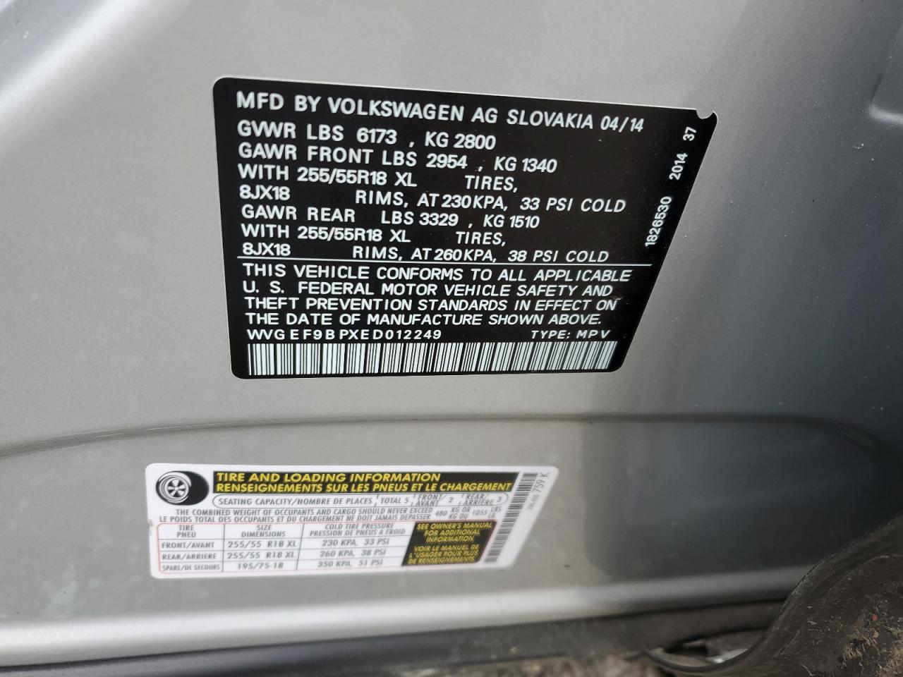 WVGEF9BPXED012249 2014 Volkswagen Touareg V6