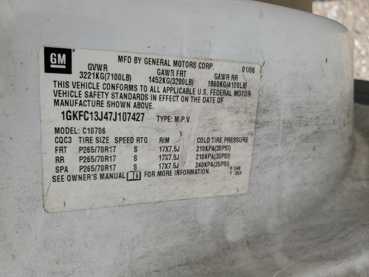 1GKFC13J47J107427 2007 GMC Yukon