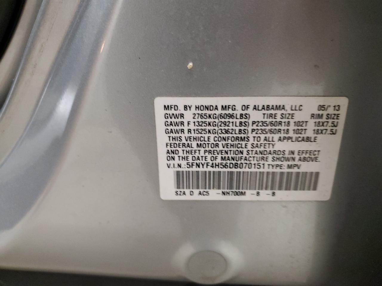 5FNYF4H56DB070151 2013 Honda Pilot Exl