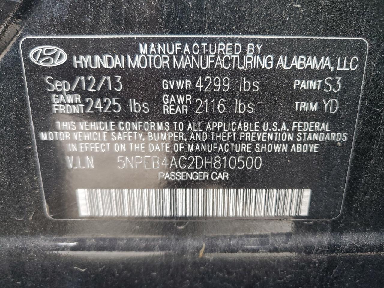 5NPEB4AC2DH810500 2013 Hyundai Sonata Gls