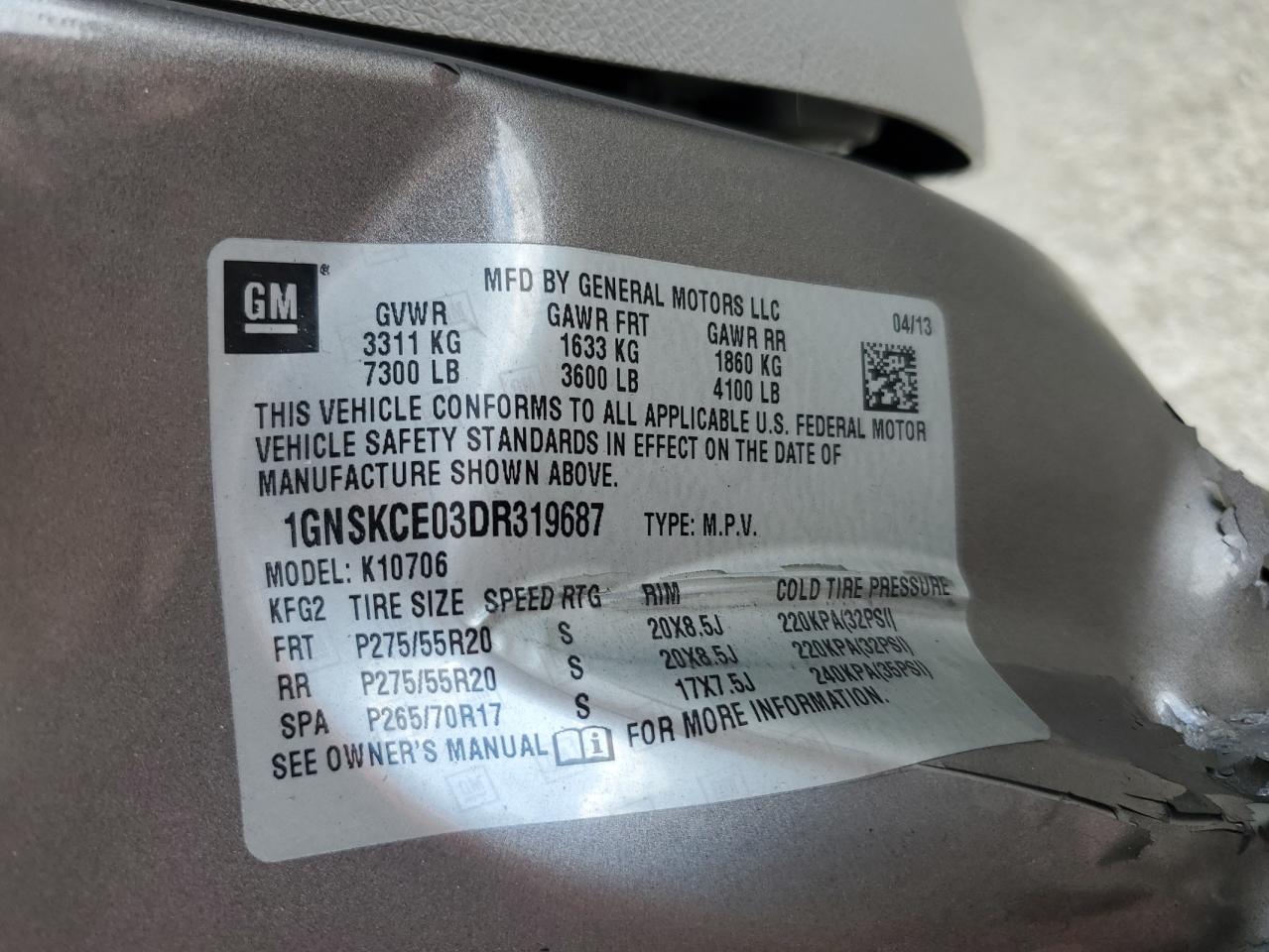 1GNSKCE03DR319687 2013 Chevrolet Tahoe K1500 Ltz