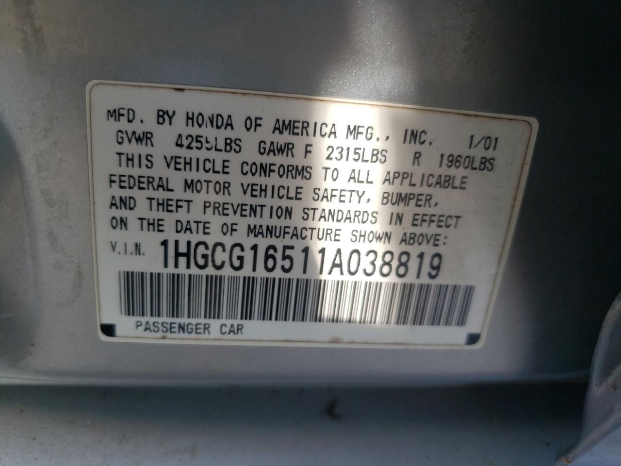 1HGCG16511A038819 2001 Honda Accord Ex