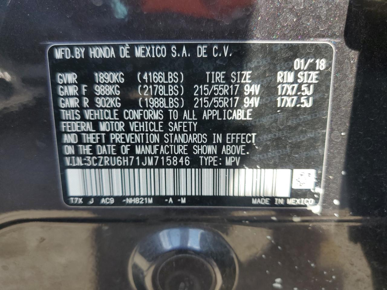 3CZRU6H71JM715846 2018 Honda Hr-V Exl