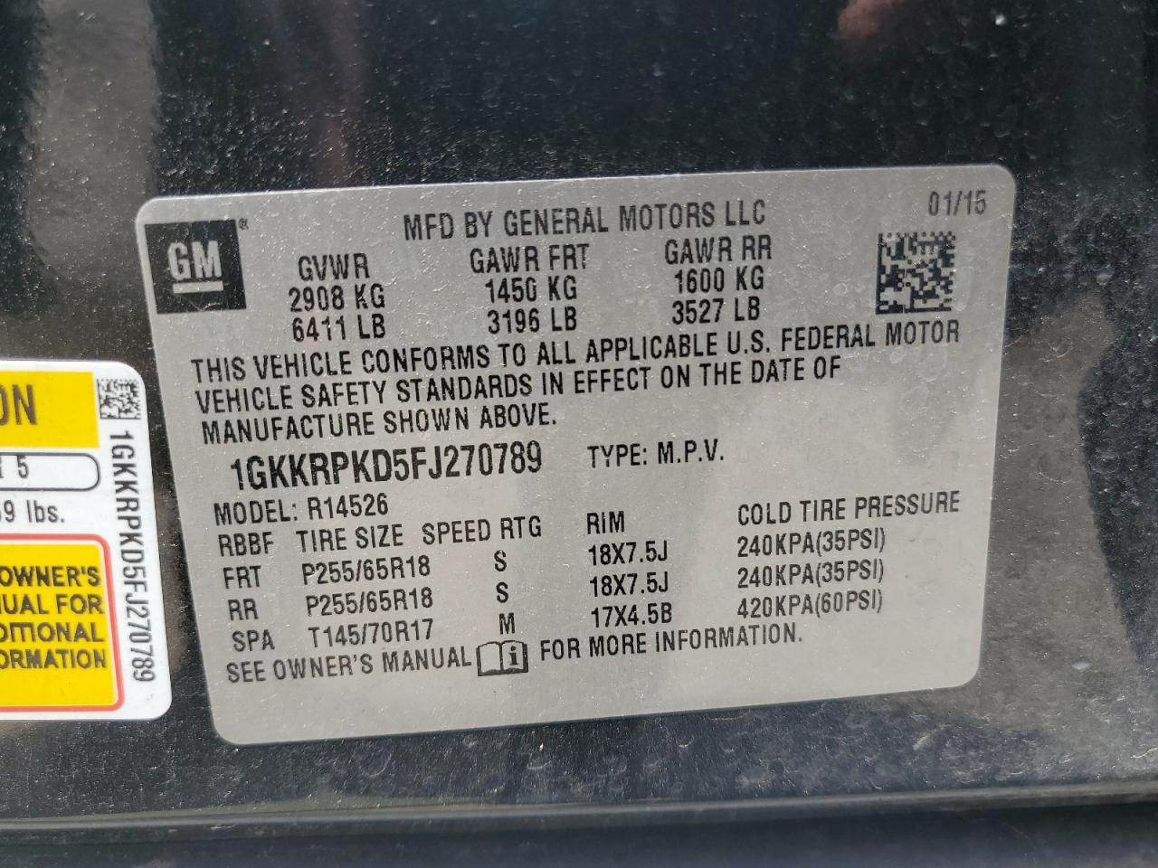 1GKKRPKD5FJ270789 2015 GMC Acadia Sle