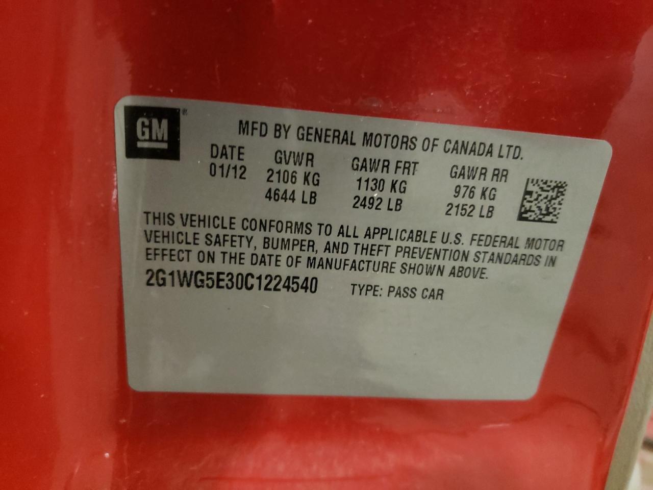 2G1WG5E30C1224540 2012 Chevrolet Impala Lt