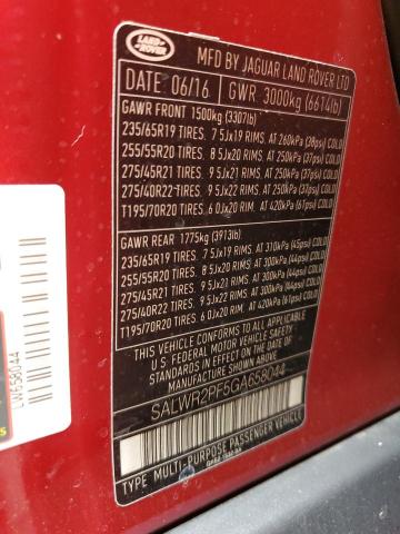 2016 LAND ROVER RANGE ROVE SALWR2PF5GA658044