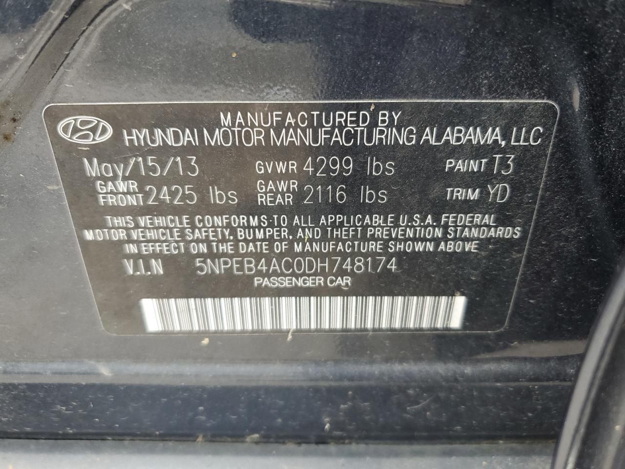 5NPEB4AC0DH748174 2013 Hyundai Sonata Gls