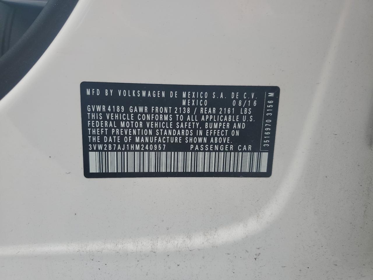 3VW2B7AJ1HM240957 2017 Volkswagen Jetta S