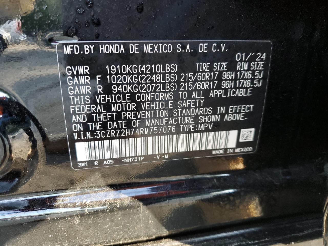 3CZRZ2H74RM757076 2024 Honda Hr-V Exl