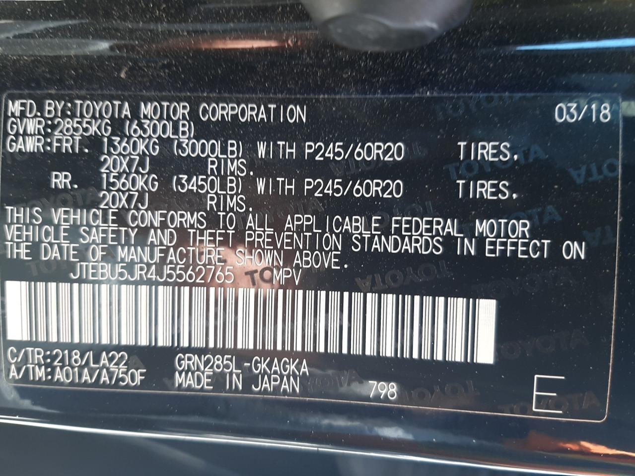 JTEBU5JR4J5562765 2018 Toyota 4Runner Sr5/Sr5 Premium