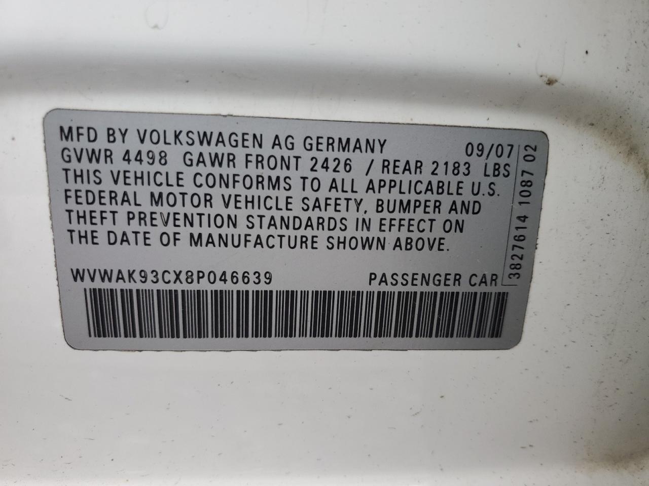 WVWAK93CX8P046639 2008 Volkswagen Passat Komfort