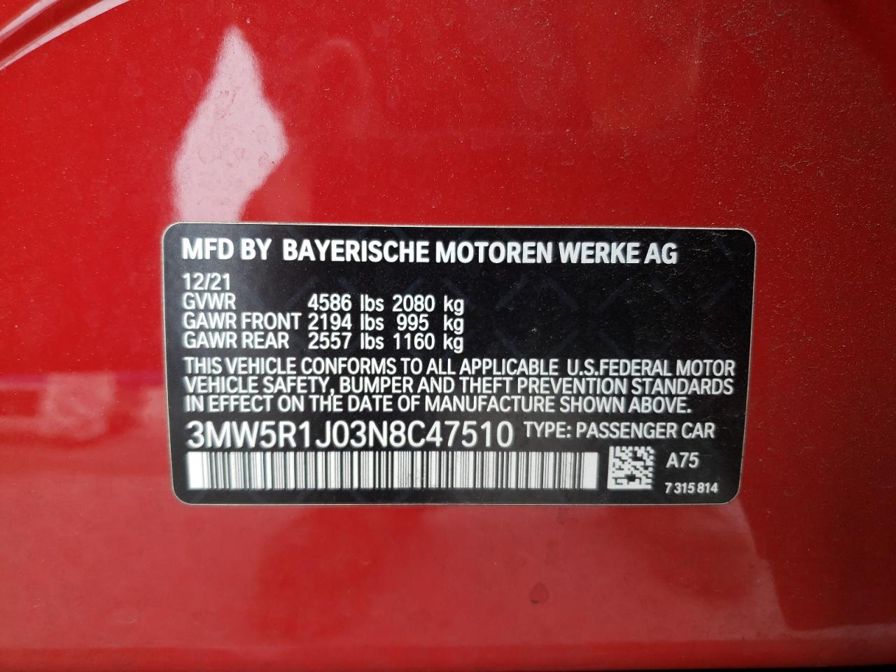 3MW5R1J03N8C47510 2022 BMW 330I