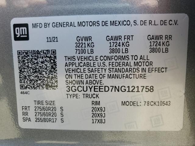 2022 Chevrolet Silverado Ltd K1500 Rst VIN: 3GCUYEED7NG121758 Lot: 52911114