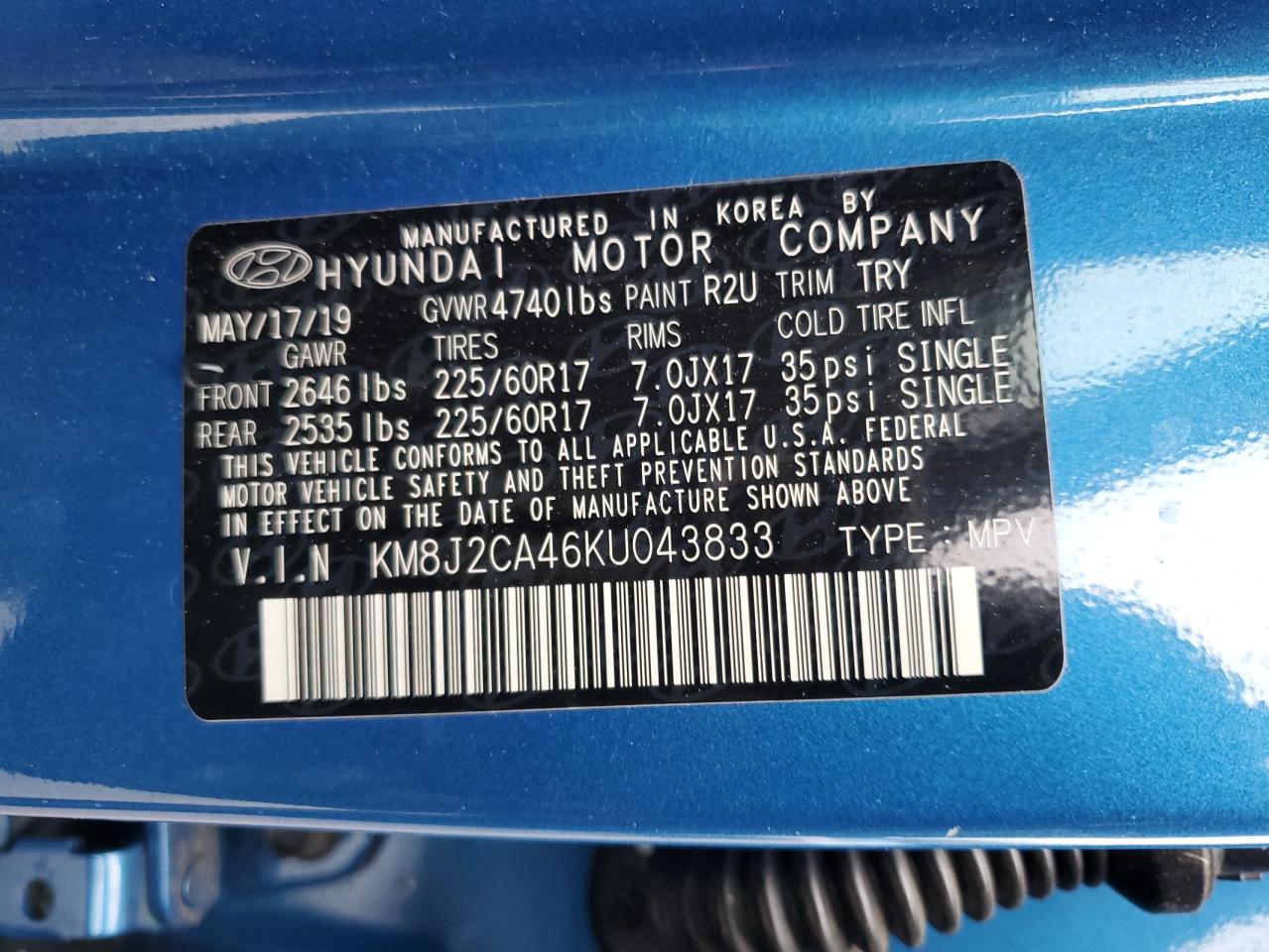 KM8J2CA46KU043833 2019 Hyundai Tucson Se