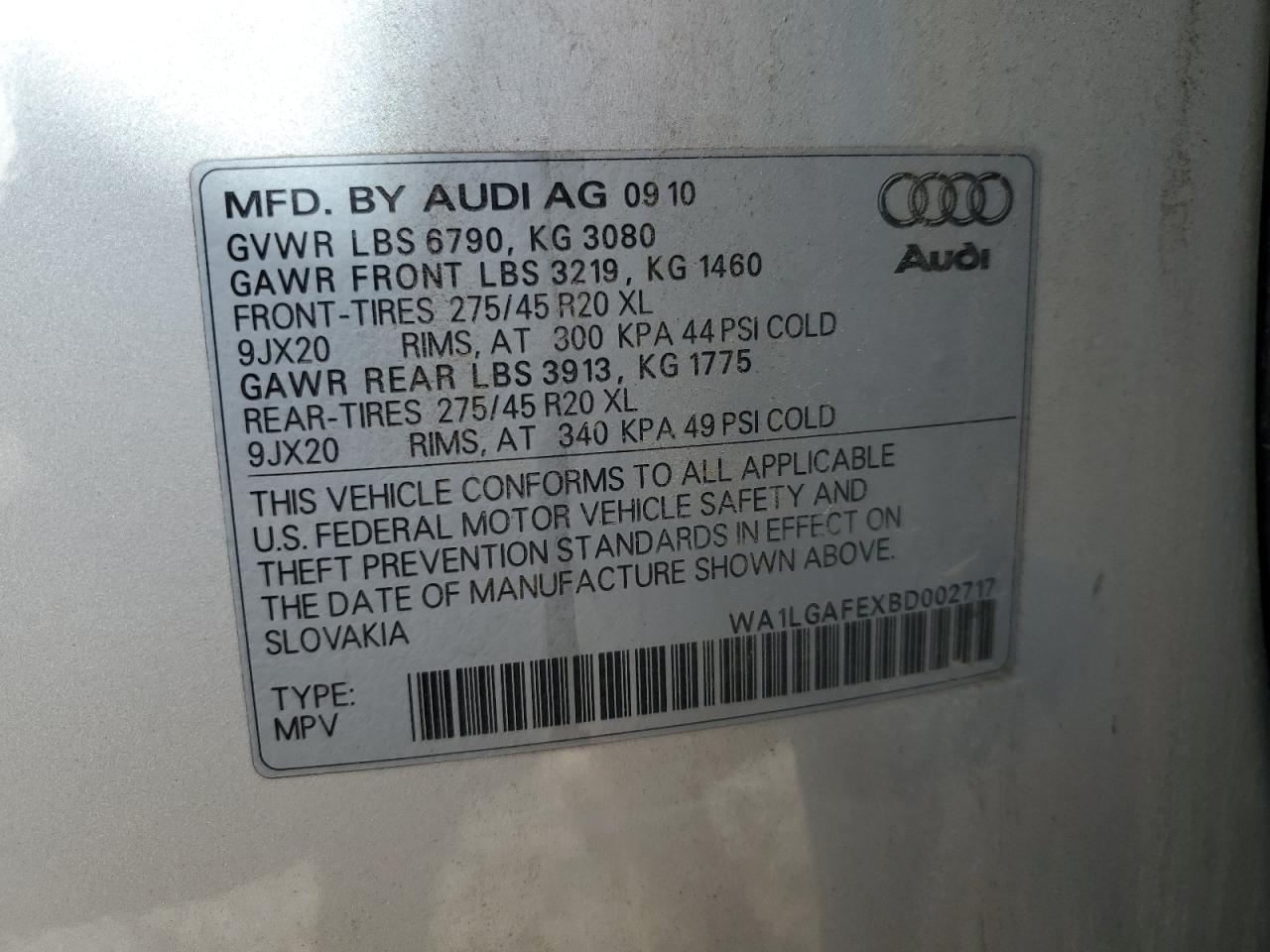 WA1LGAFEXBD002717 2011 Audi Q7 Premium Plus