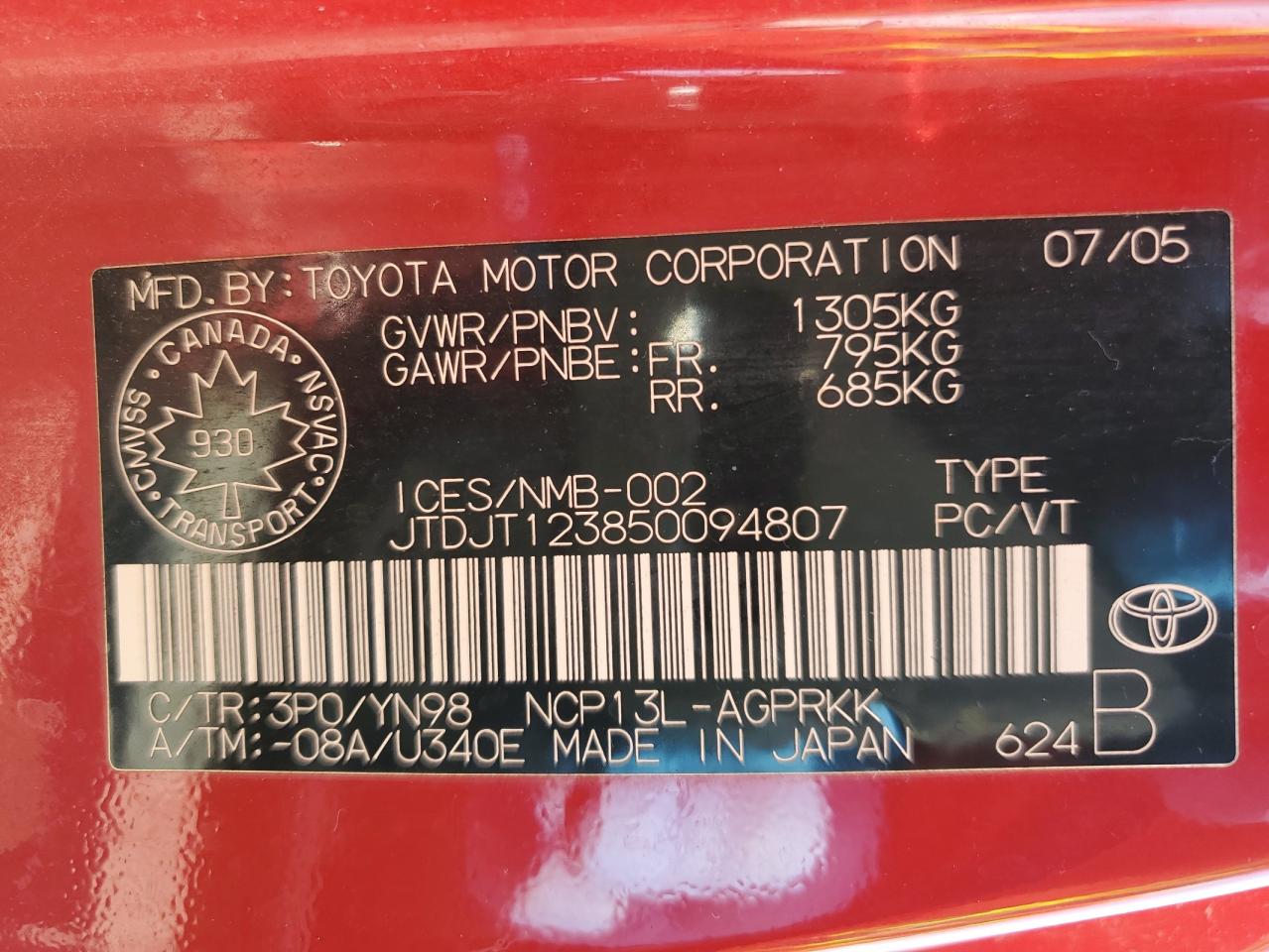 JTDJT123850094807 2005 Toyota Echo