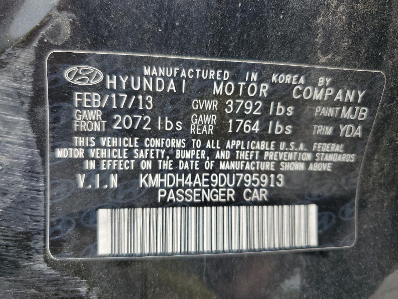 KMHDH4AE9DU795913 2013 Hyundai Elantra Gls