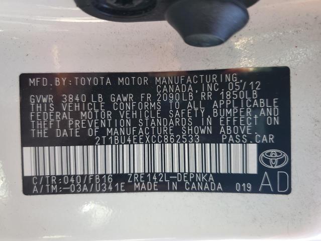 2012 Toyota Corolla Base VIN: 2T1BU4EEXCC862533 Lot: 54601154