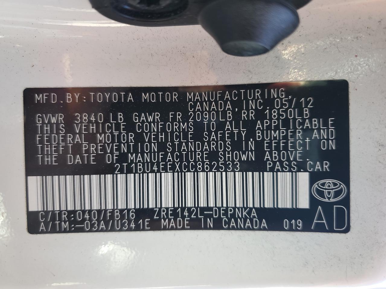 2T1BU4EEXCC862533 2012 Toyota Corolla Base