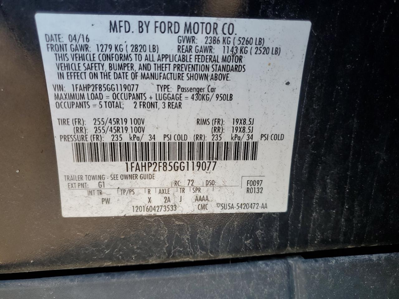 1FAHP2F85GG119077 2016 Ford Taurus Limited