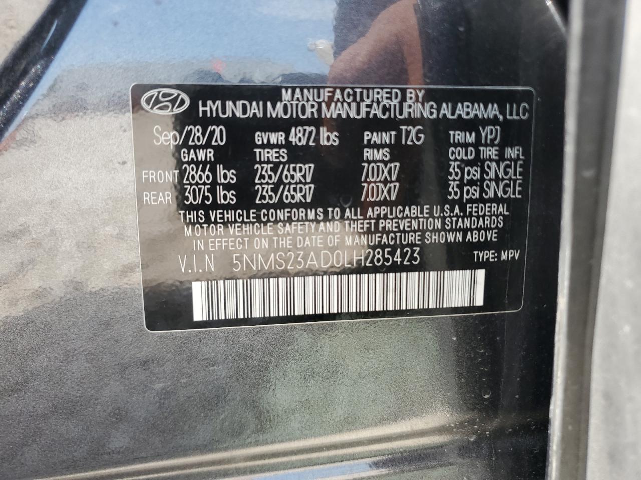 5NMS23AD0LH285423 2020 Hyundai Santa Fe Se