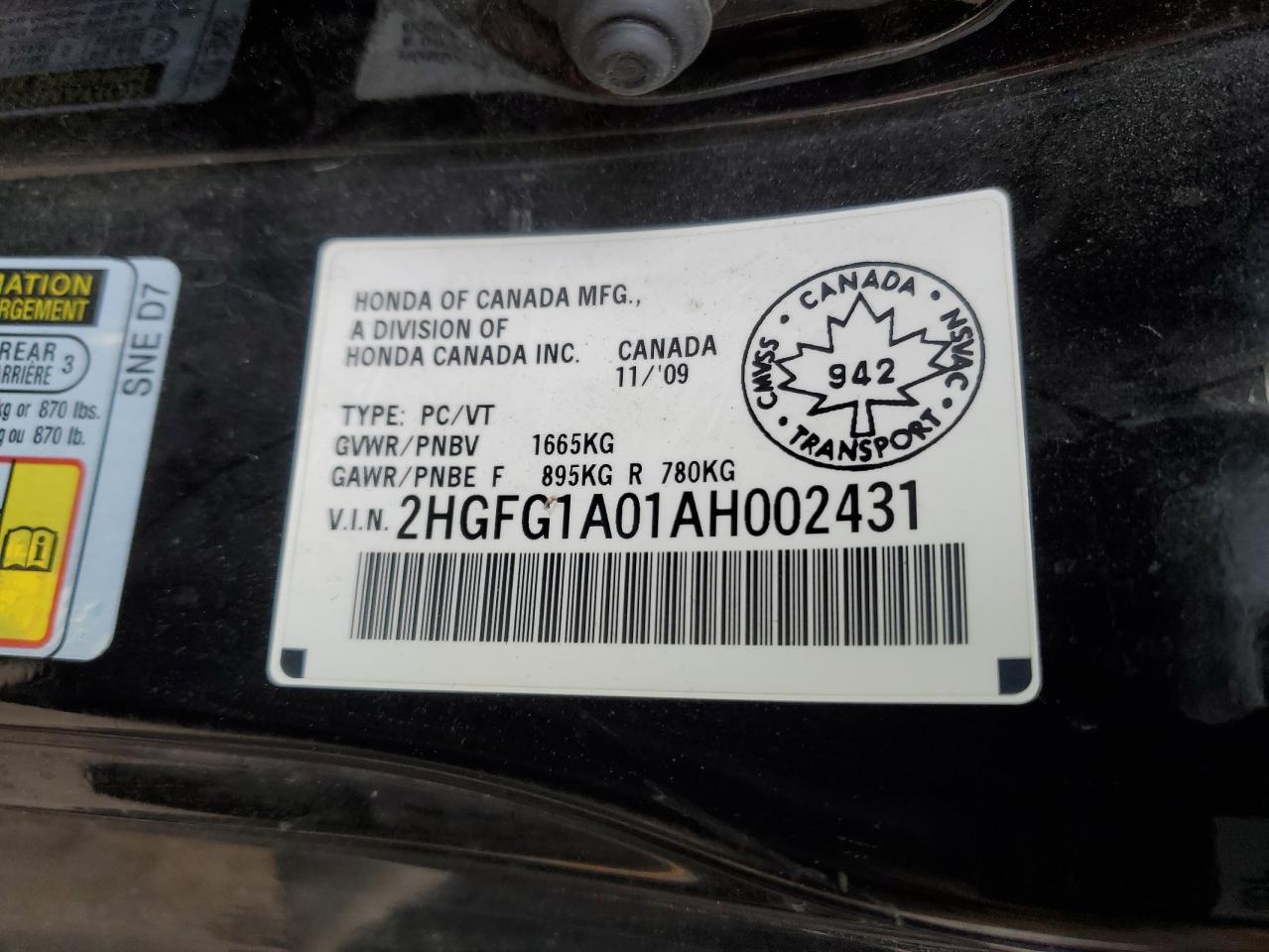 2HGFG1A01AH002431 2010 Honda Civic Exl