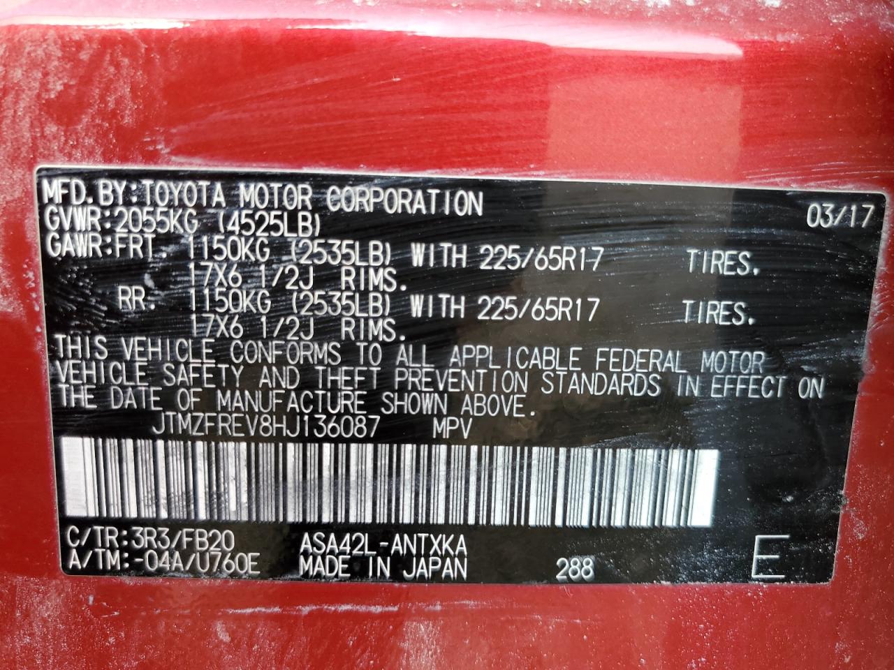 JTMZFREV8HJ136087 2017 Toyota Rav4 Le