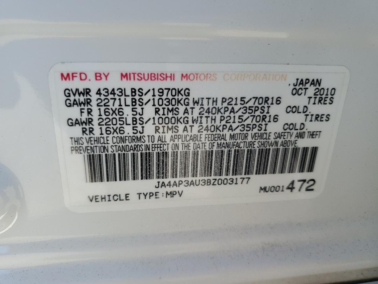 JA4AP3AU3BZ003177 2011 Mitsubishi Outlander Sport Es