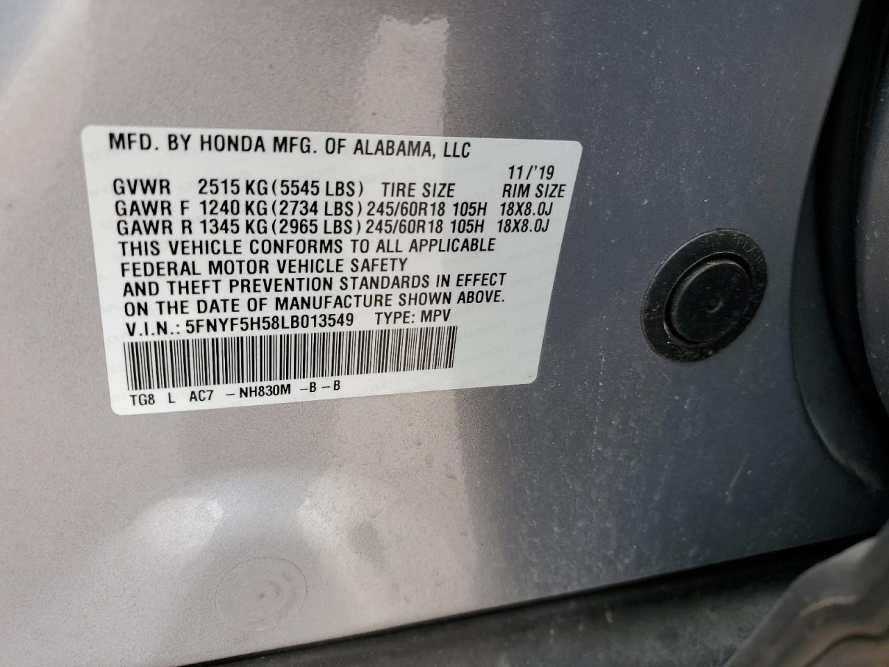 5FNYF5H58LB013549 2020 Honda Pilot Exl