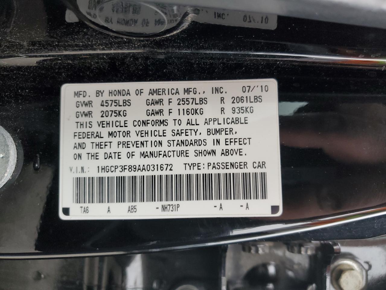 1HGCP3F89AA031672 2010 Honda Accord Exl