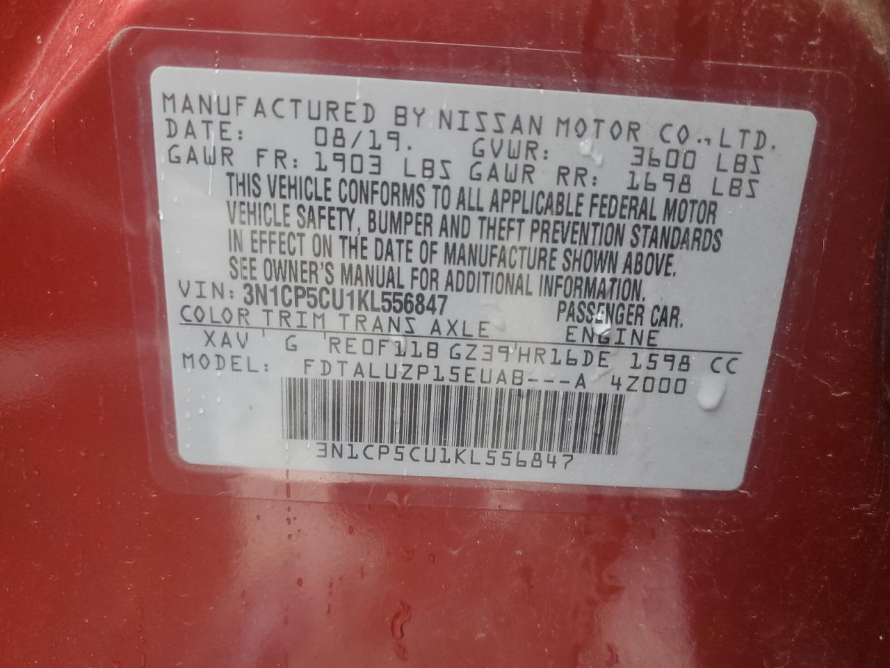 3N1CP5CU1KL556847 2019 Nissan Kicks S