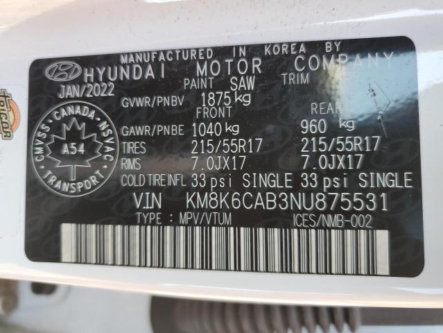 2022 Hyundai Kona Sel VIN: KM8K6CAB3NU875531 Lot: 56766064