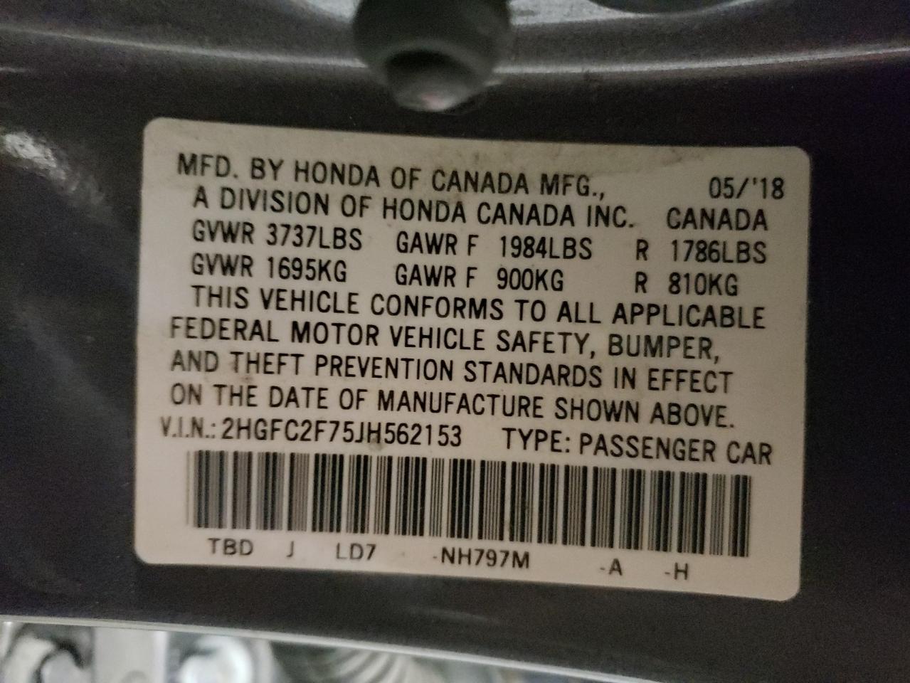 2HGFC2F75JH562153 2018 Honda Civic Ex