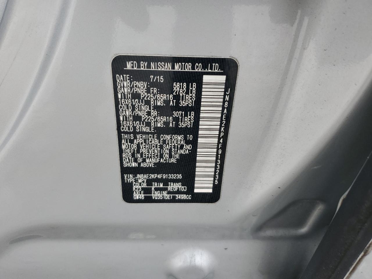 JN8AE2KP4F9133235 2015 Nissan Quest S