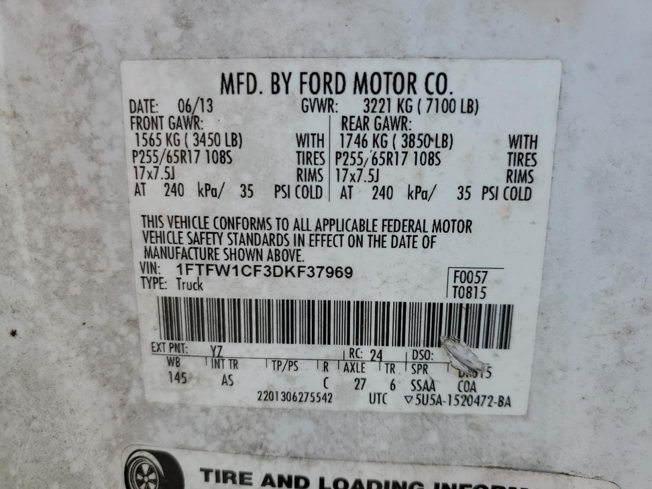 1FTFW1CF3DKF37969 2013 Ford F150 Supercrew