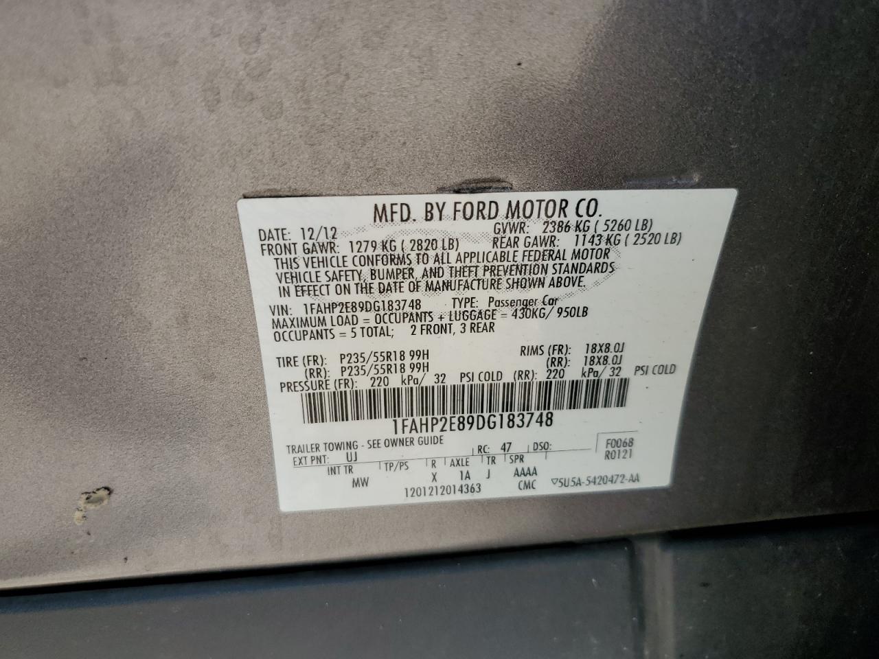 1FAHP2E89DG183748 2013 Ford Taurus Sel