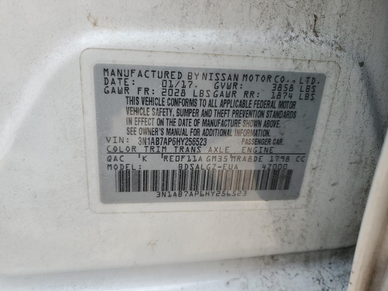 3N1AB7AP6HY256523 2017 Nissan Sentra S