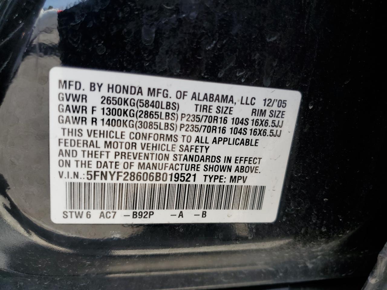 5FNYF28606B019521 2006 Honda Pilot Ex