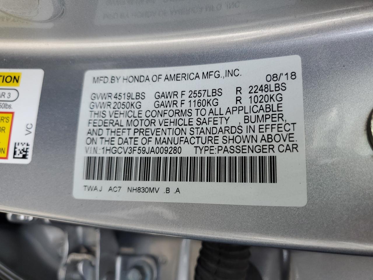 1HGCV3F59JA009280 2018 Honda Accord Hybrid Exl